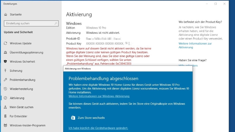 Windows 10 Pro Aktivierungsproblem