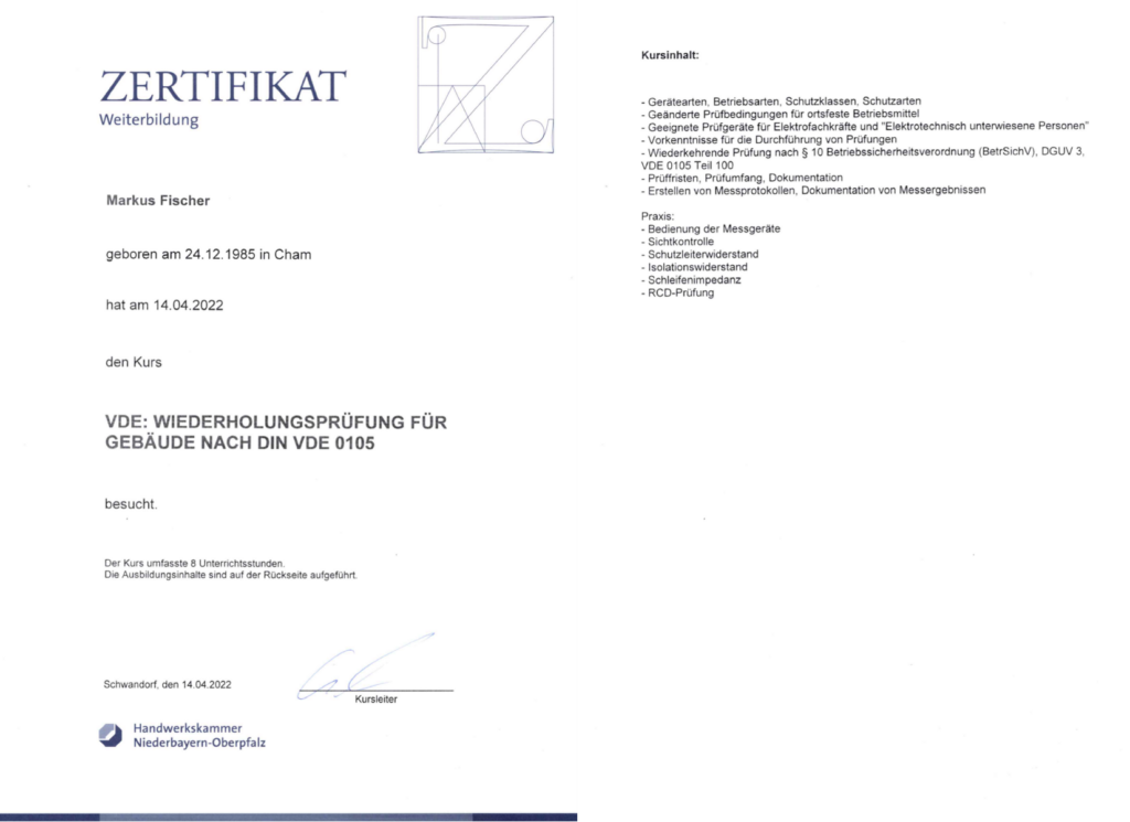 Zertifikat Wiederholungsprüfung für Gebäude nach DIN VDE 0105