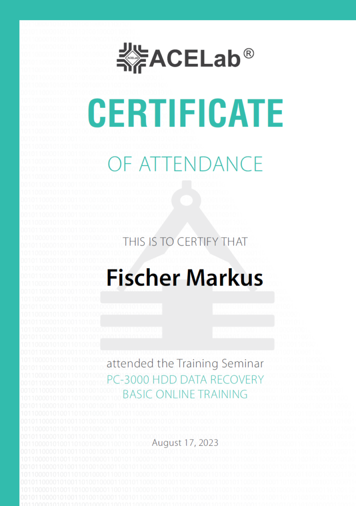 Certificate Fischer Markus PC-3000 HDD Data Recovery Basic Online Training